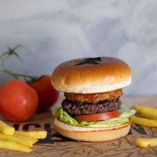Beef burger with camembert cheese and fries