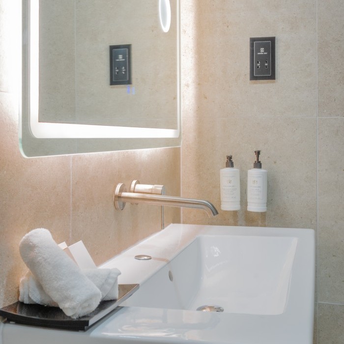 Bathroom Vanity in the Sea View Suites at Preluna Hotel
